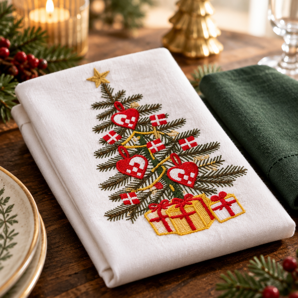 Danish: Stoffserviet med juletræ motiv fra Servietringen, blød tekstur og festlig juledekoration.