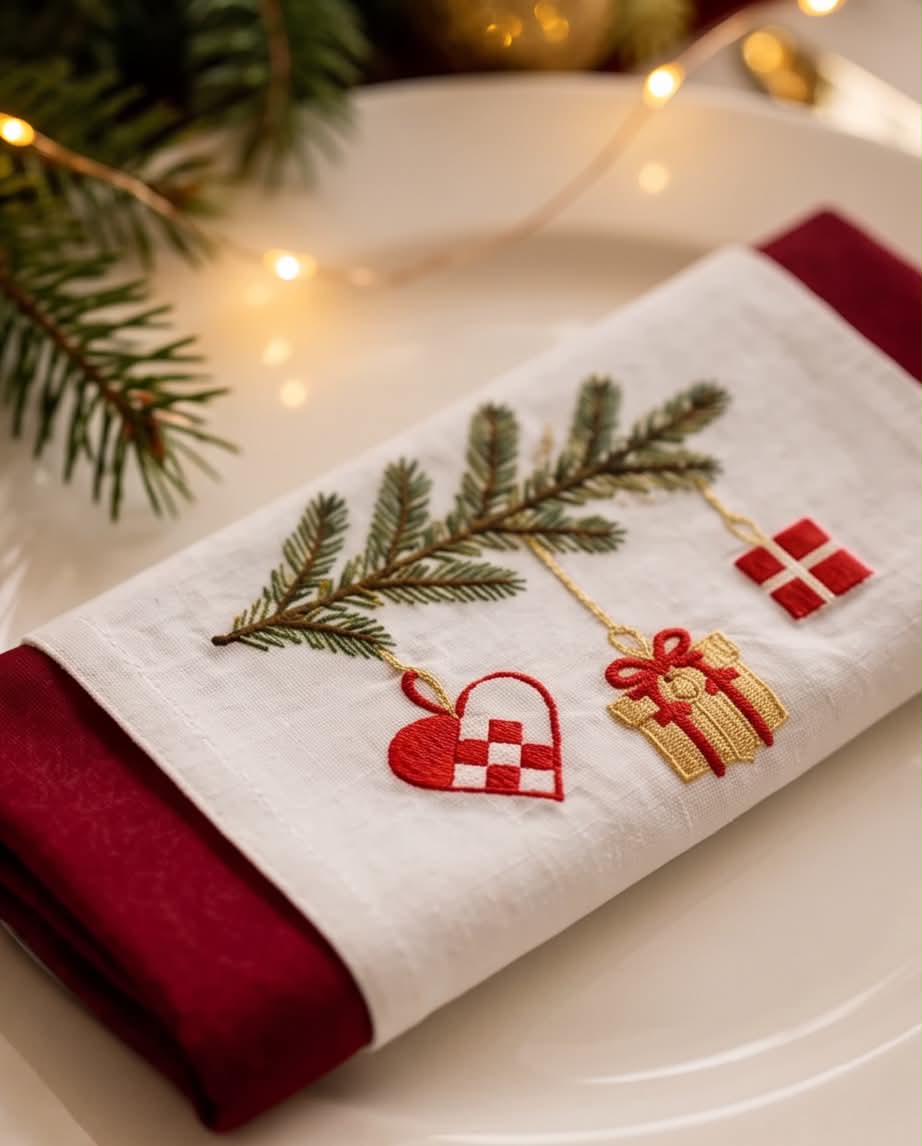Juleservietter i stof med julemotiver, 5 stk, fra Servietringen, perfekt til julens borddækning