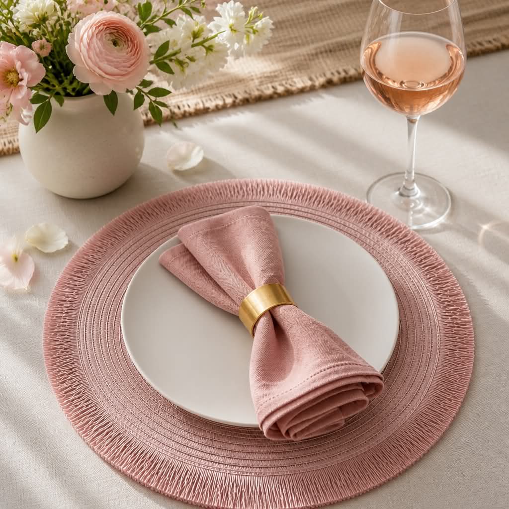 Dækkeserviet i bast Rosa fra Servietringen, elegant og romantisk borddækning med naturlig tekstur og blød rosa farve.