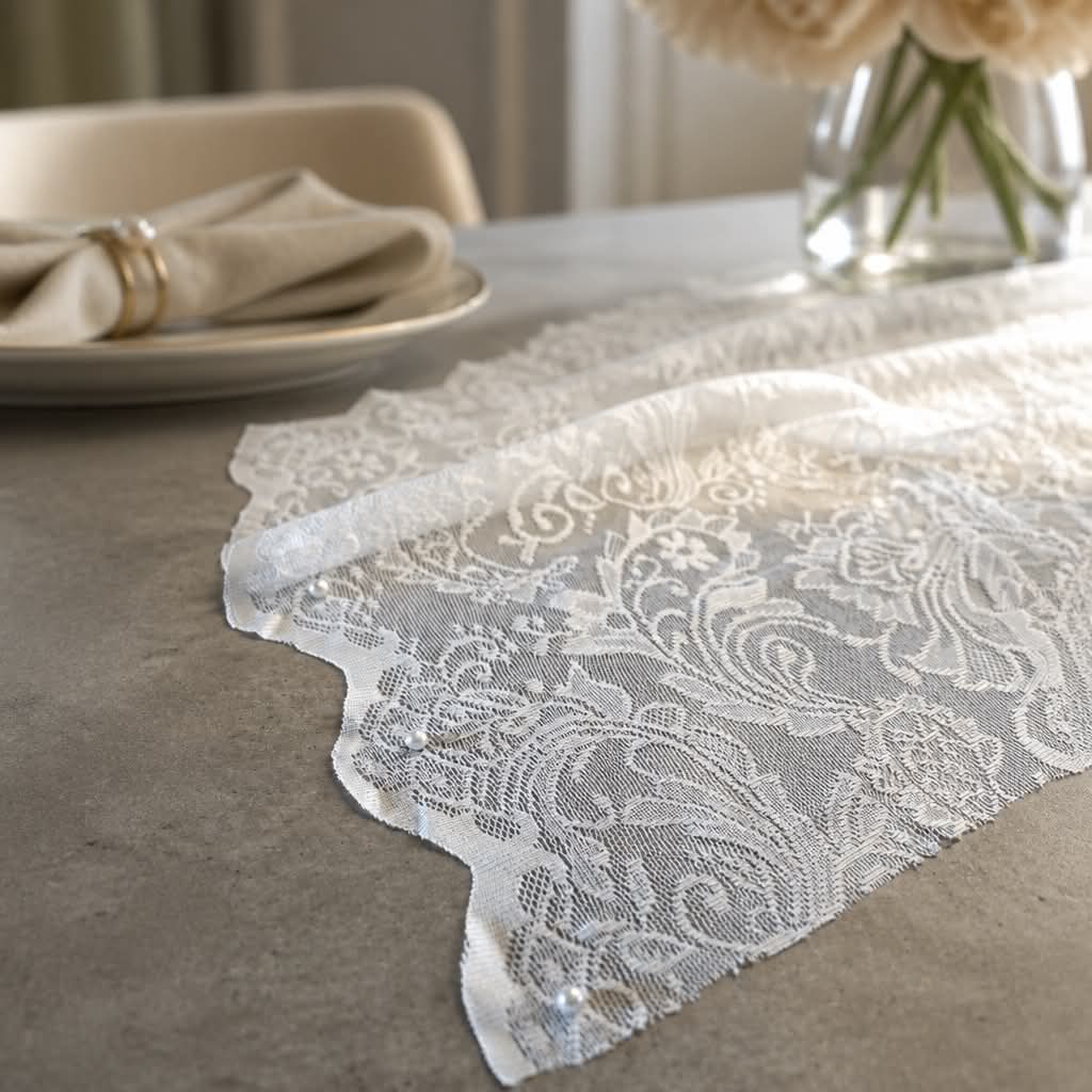 Hvid blondedug med blomster og perlekant 100x150 cm – elegant top dug til bryllup og fest