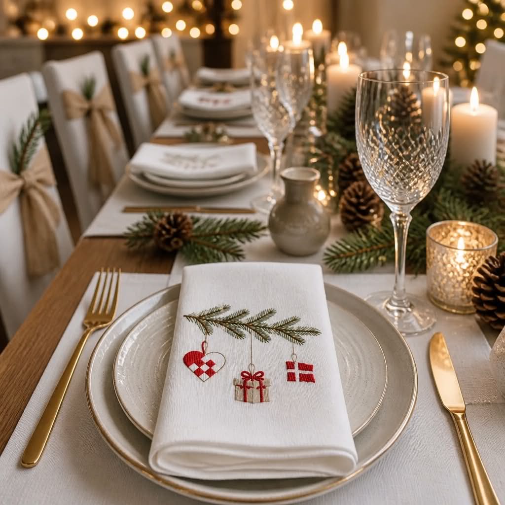 Stofserviet med grangren og julemotiver fra Servietringen, vist med juledekor og naturinspirerede design.