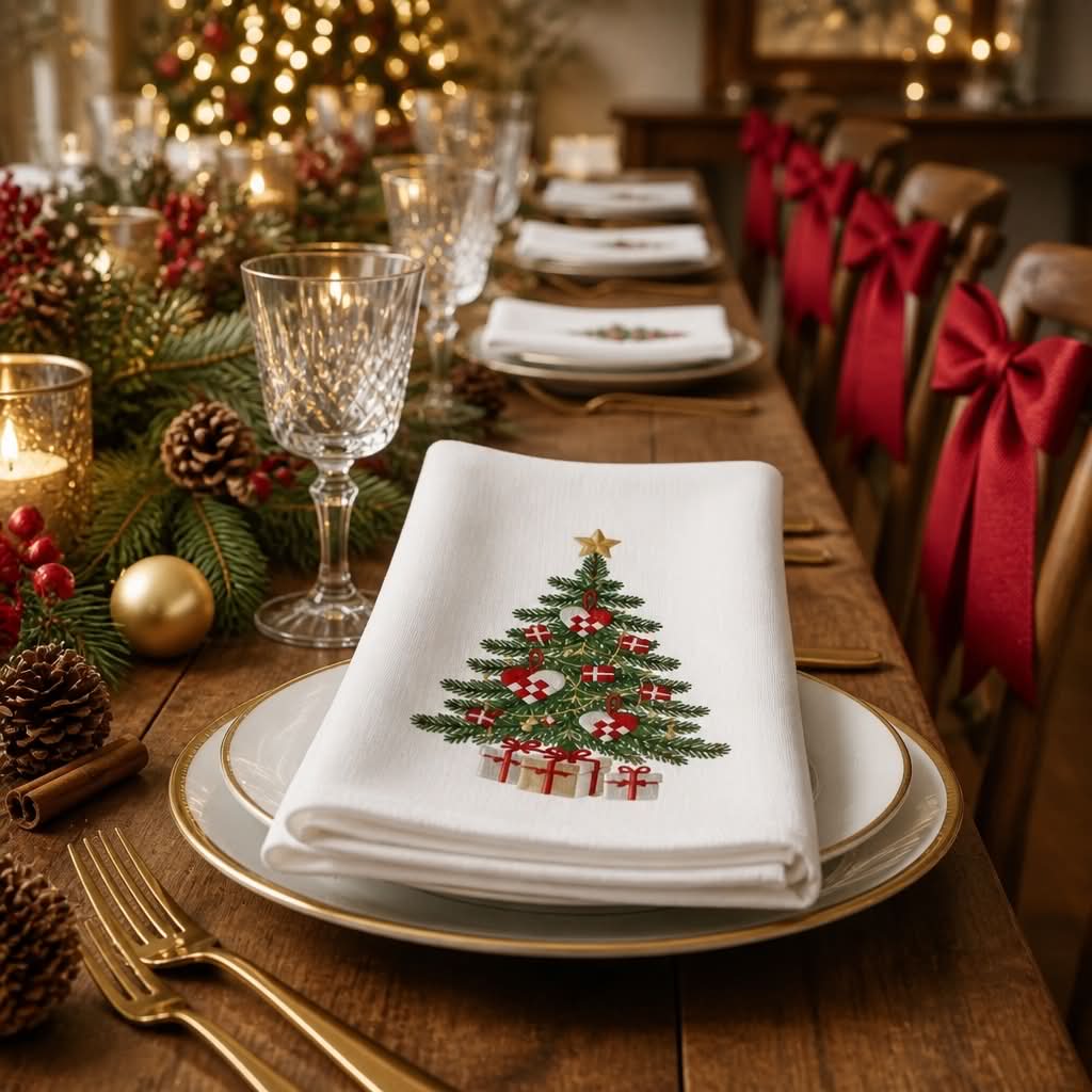 Juletræsstofserviet fra Servietringen med julemotiver og grønne nuancer, perfekt til julens borddekoration.