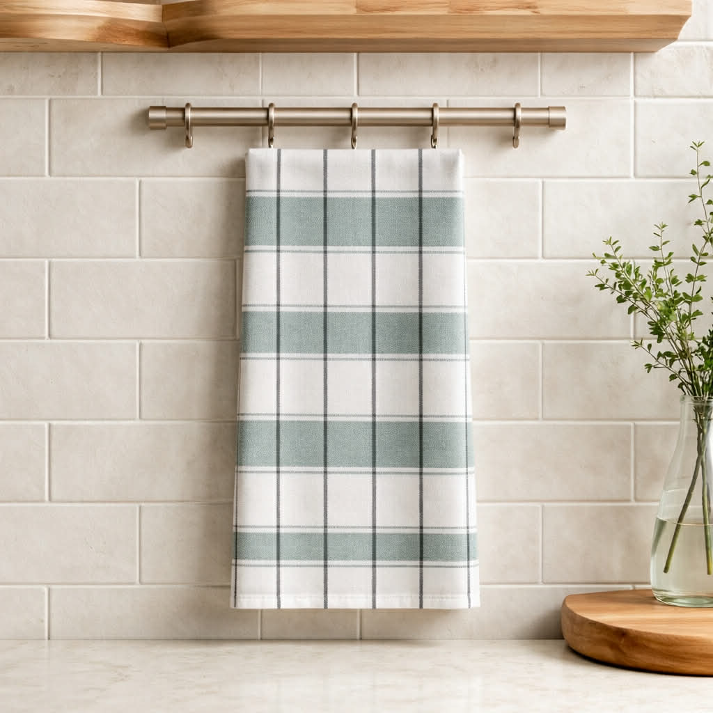 Set of four white cotton kitchen towels, Eng 70x50cm, from Servietringen, featuring soft, absorbent fabric ideal for everyday use.