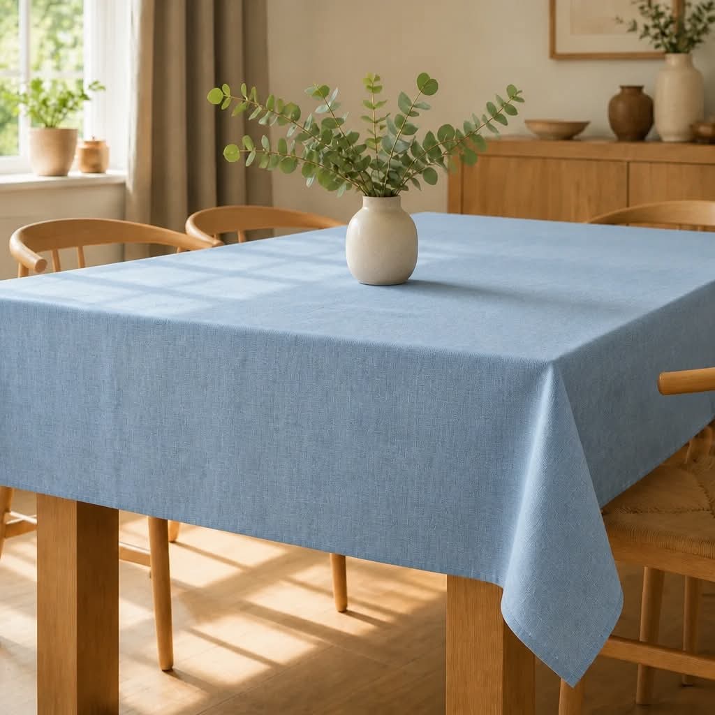 Himmelblå Stonewashed borddug fra Servietringen i 140x250 cm, vises sprede på et bord med fold.