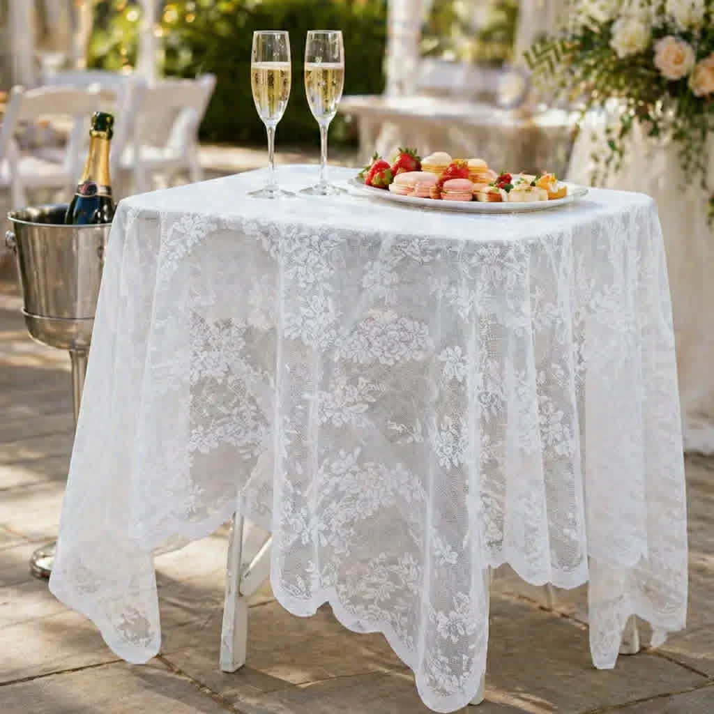 Hvid blondedug med blomstermønster, 140x250 cm, elegant til bryllup og fest, fra Servietringen