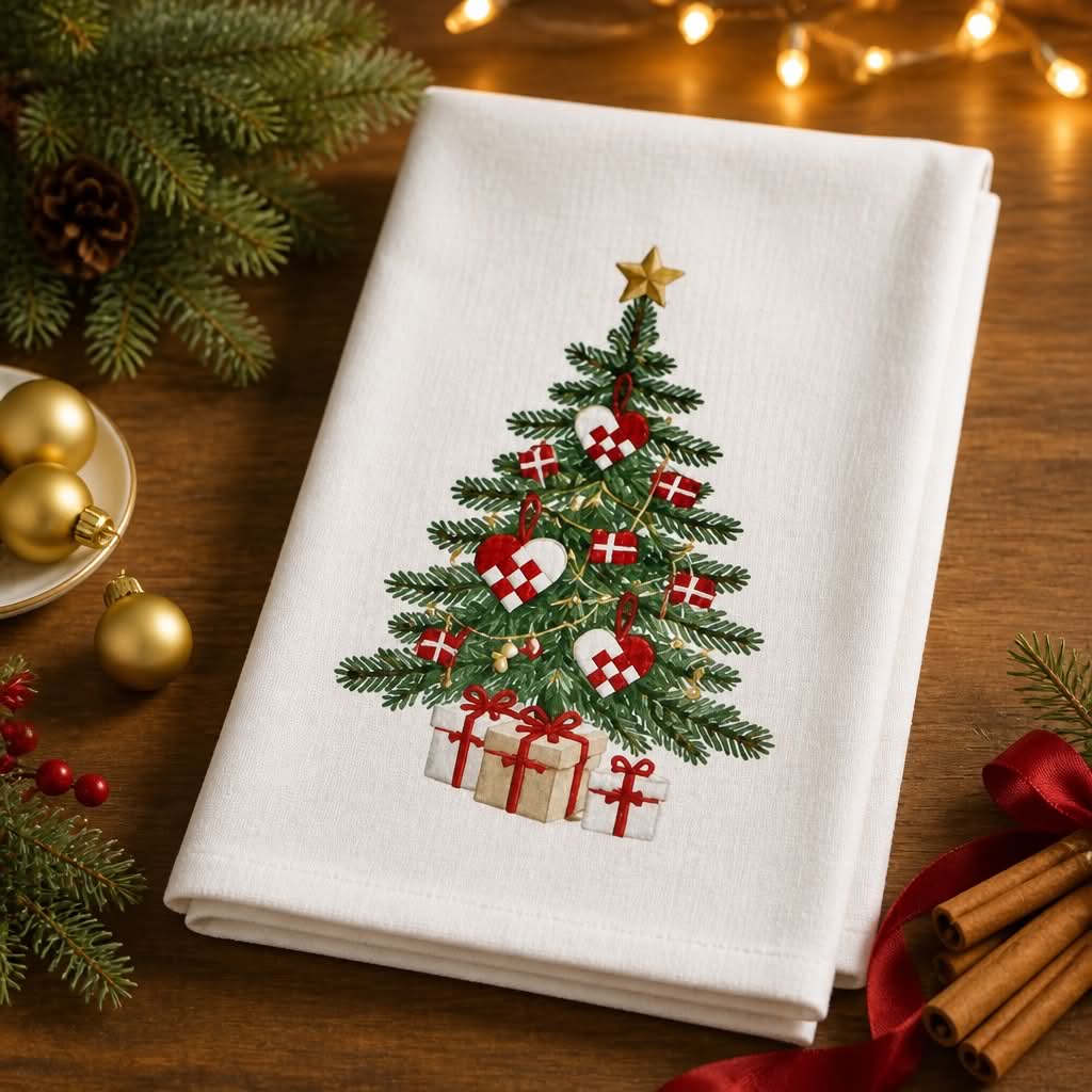 Stofserviet med juletræ motiv fra Servietringen, ideel til julebord med festlig julepynt.