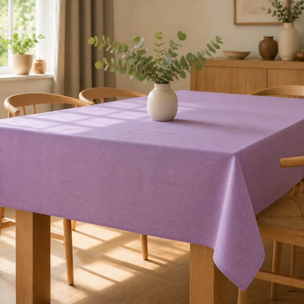 Lyslilla borddug fra Servietringen i 140x250 cm med stonewashed finish, vises på billedet.
