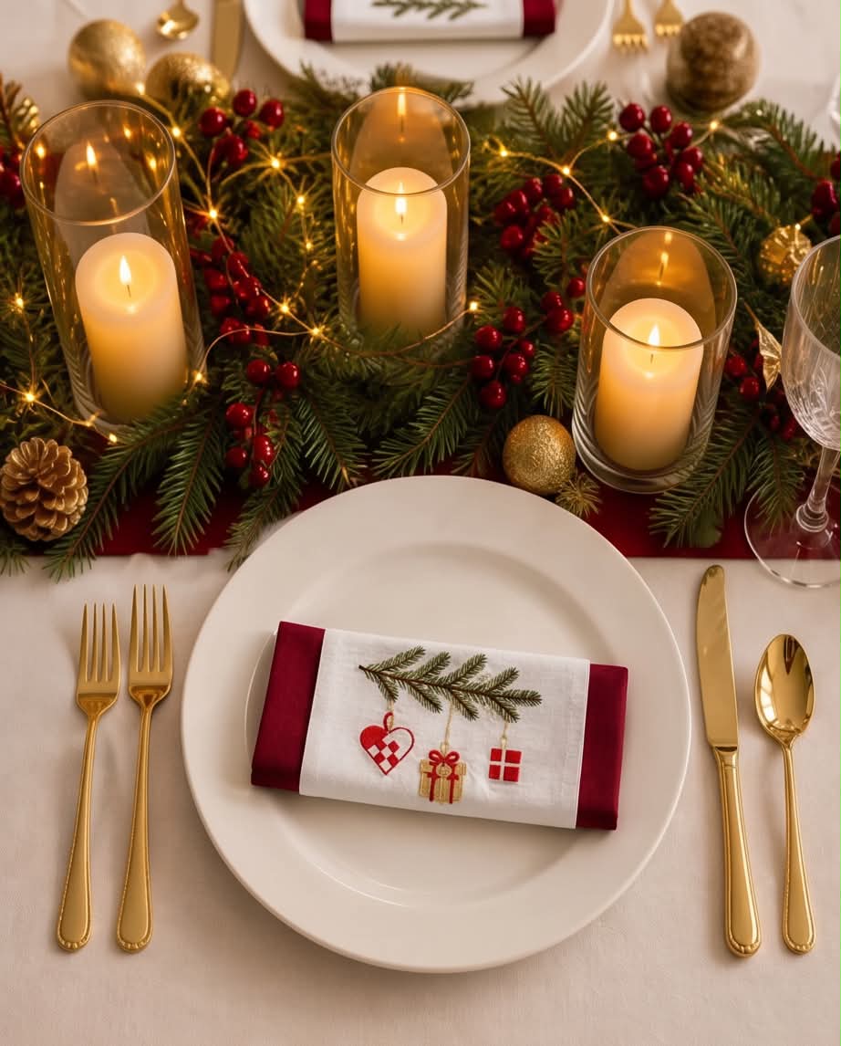 Servietringen julebundle med festlige servietringe til julebordet, dekoreret med juletema og borddækning.