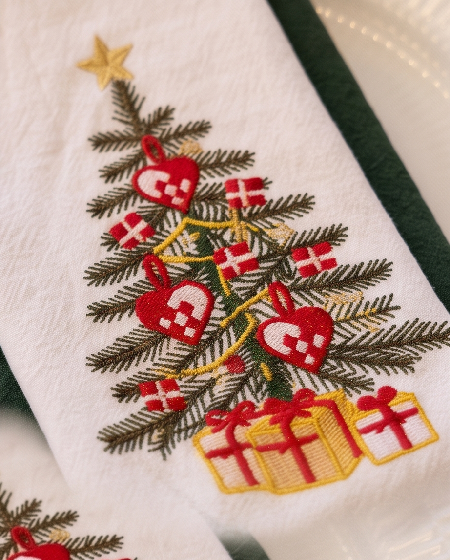 Stofserviet med juletræ design fra Servietringen, velegnet til julebord og festlige middage.