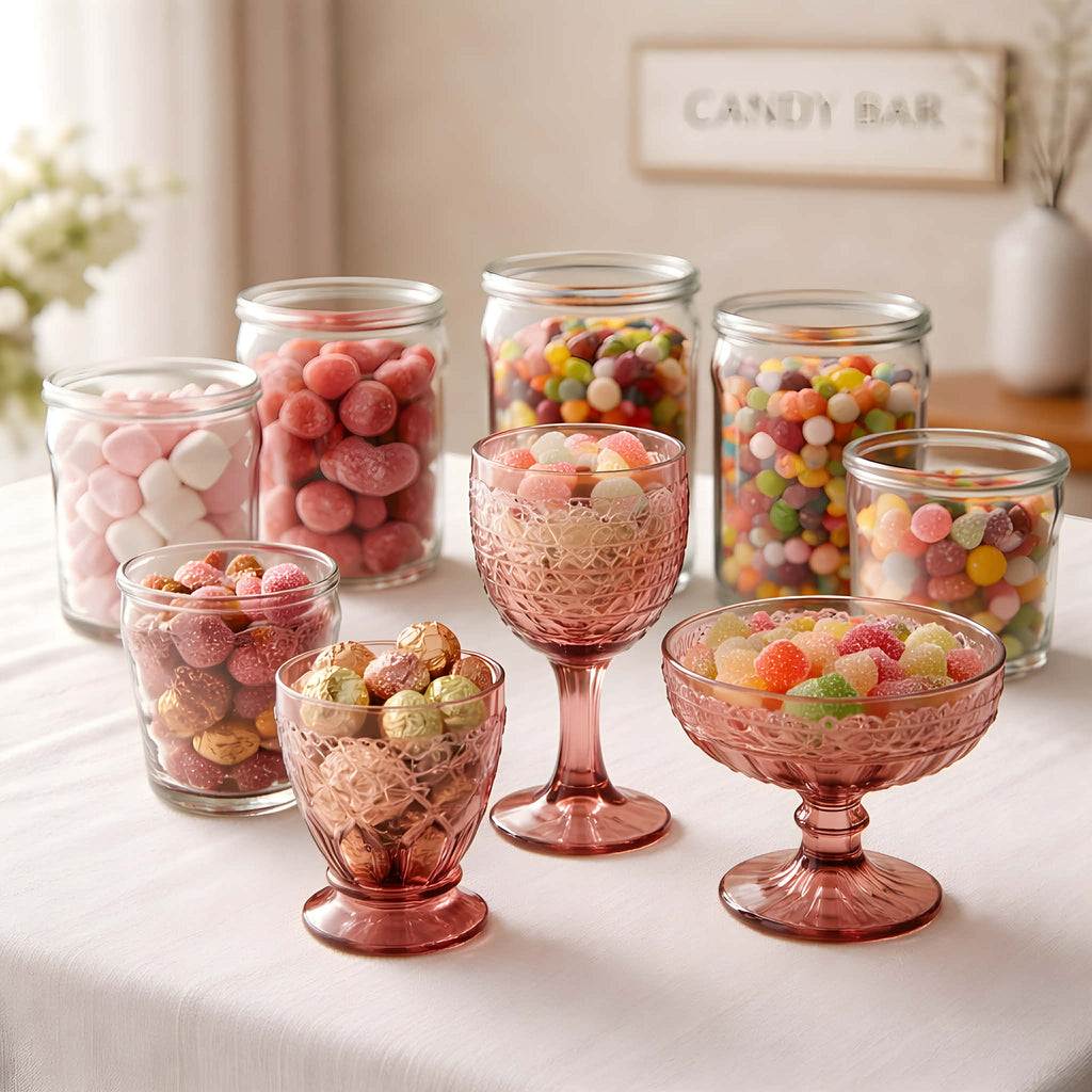 Candybar-sæt med 6 krukker m. låg - Rosa (LYS) nuancer