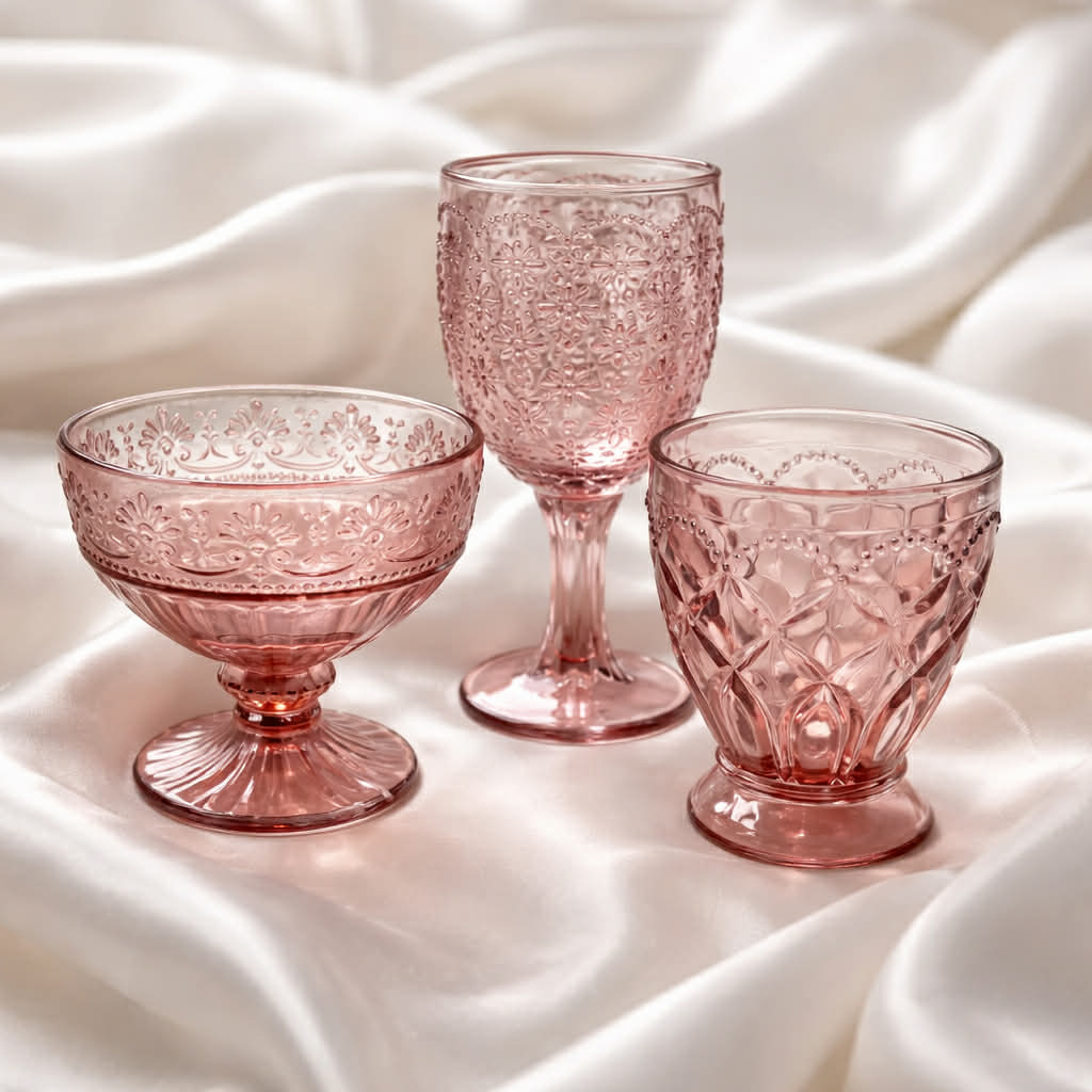 Gammel Rosa Saint-Émilion vinglas med mønster, elegant og eksklusivt design, fremvist i klar glas med detaljeret overflade.