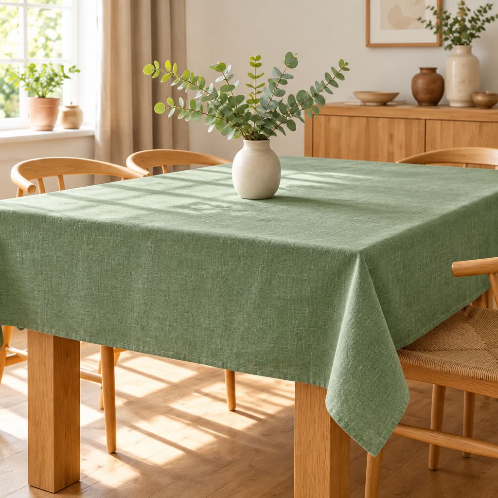 Grøn dug Sage fra Servietringen, 140x250 cm, stenvasket, blød tekstur, perfekt til borddækning.