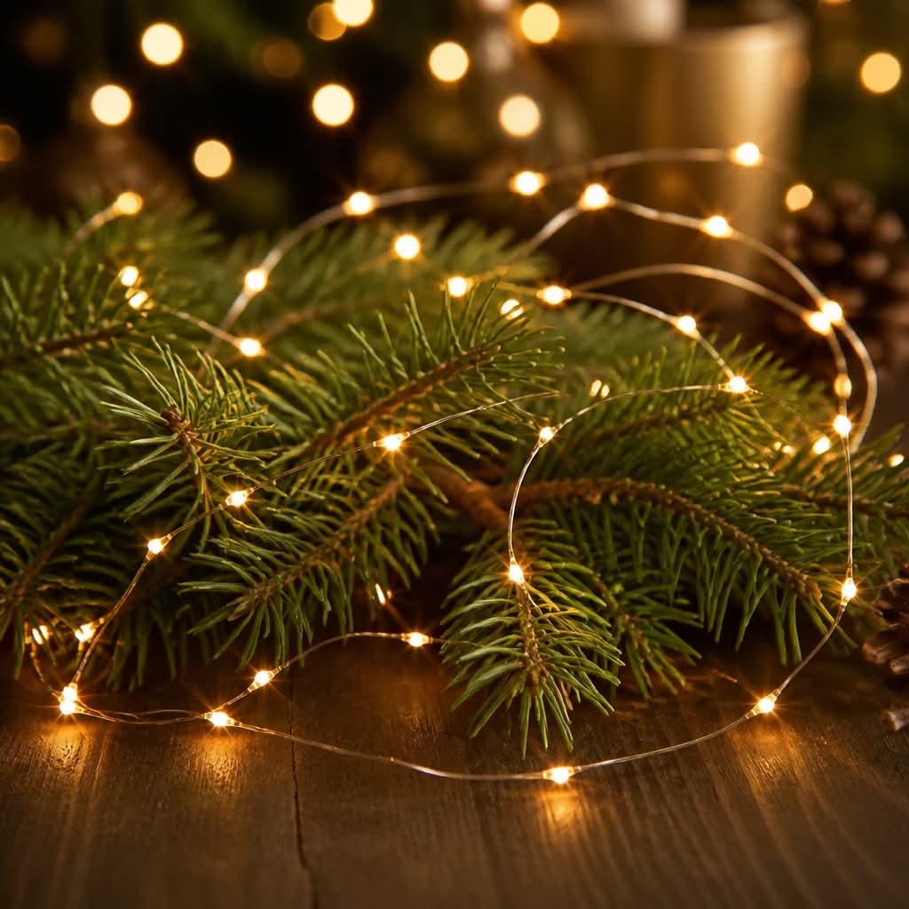 Servietringen julebundle med batteridrevet LED-lyskæde, varm hvid, 2 meter lang med 20 LED-lys, til julens dekorative bord.