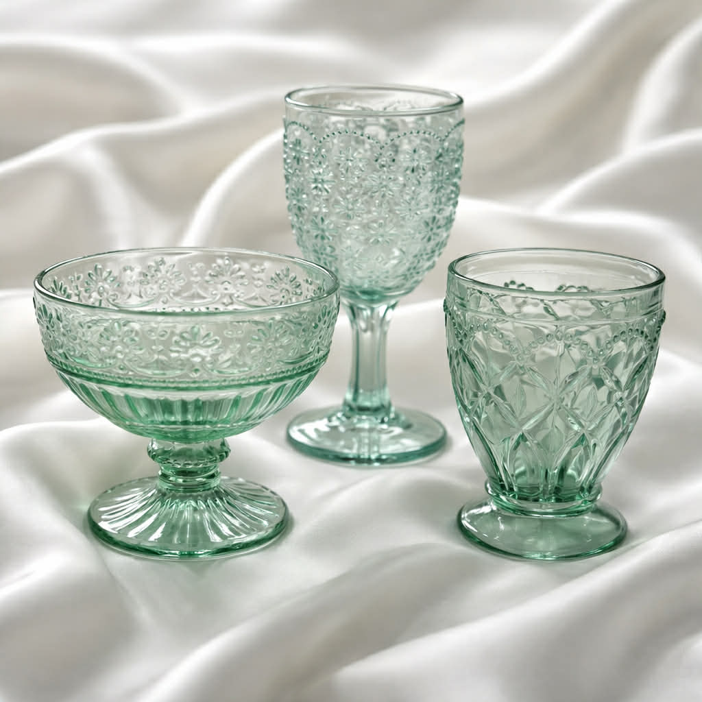 Lysegrønt Saint-Émilion vinglas med mønster, elegant og eksklusivt, fra Servietringen, for fine vinkopoplevelser