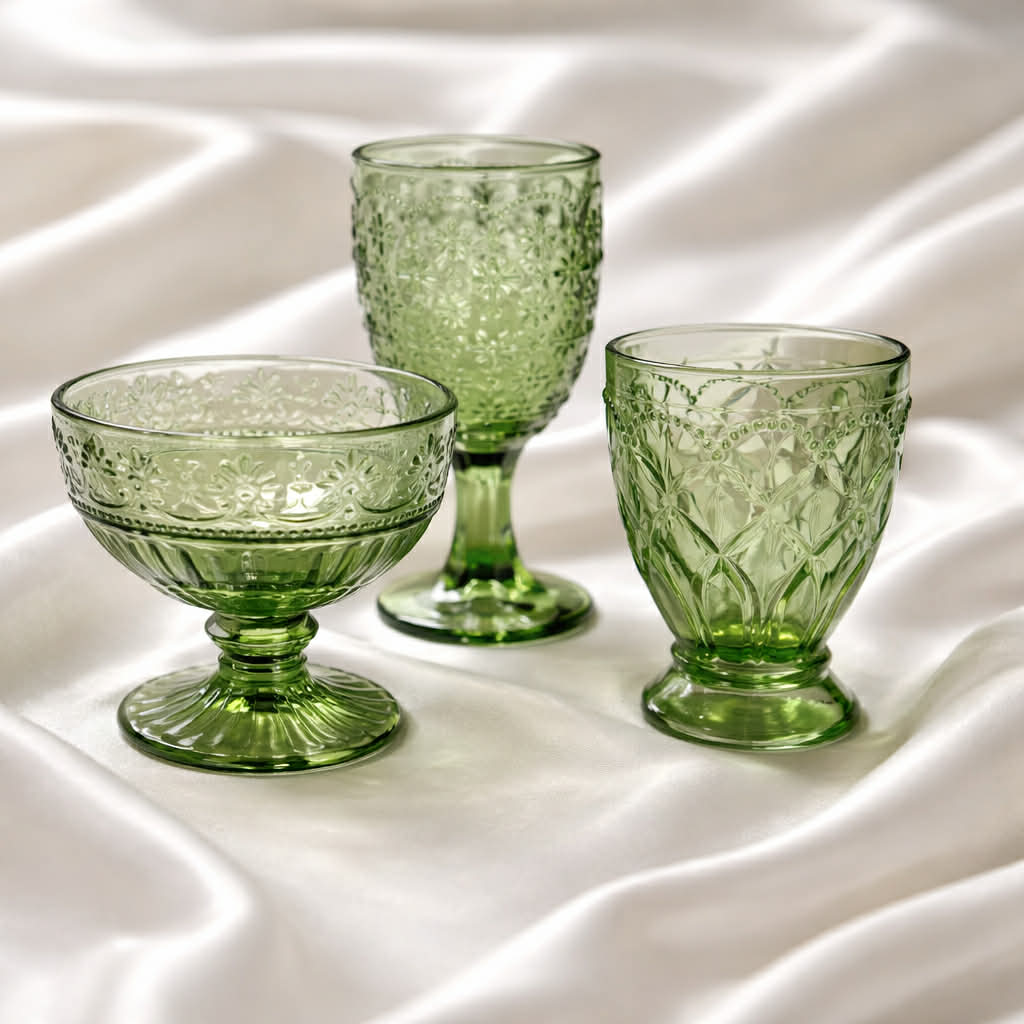 Green Saint-Émilion wine glass with intricate pattern, elegant design, and a luxurious look, by Servietringen.