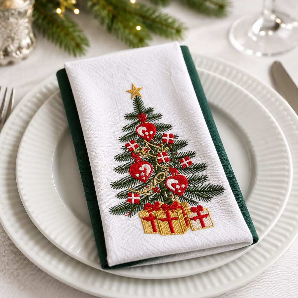 Rød og grøn juletradition stofservietter bundt med 5 servietringen fra Servietringen, julepynt til borddækning.
