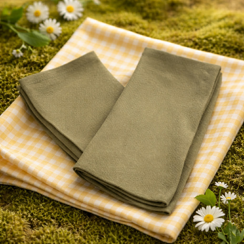 Elegant green cotton and linen cloth napkin in 40x40 cm size, perfect for classic table setting with a Servietringen.