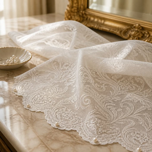 Blondedug Hvid polyester 145x275 cm, topdug til borde, med en ren, hvid overflade og tekstur.