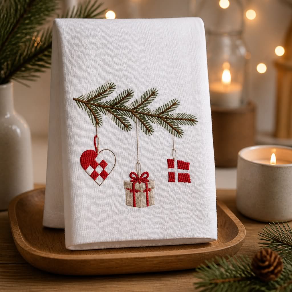 Stofserviet med grangrene og julemotiver fra Servietringen, dekorativ julebordserviet i tekstil med naturskønne motiver.
