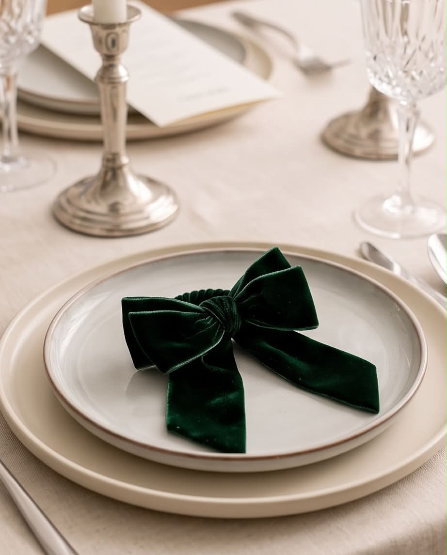Grøn velour servietring fra Servietringen, elegant og naturlig borddækning til festlige lejligheder og middage.