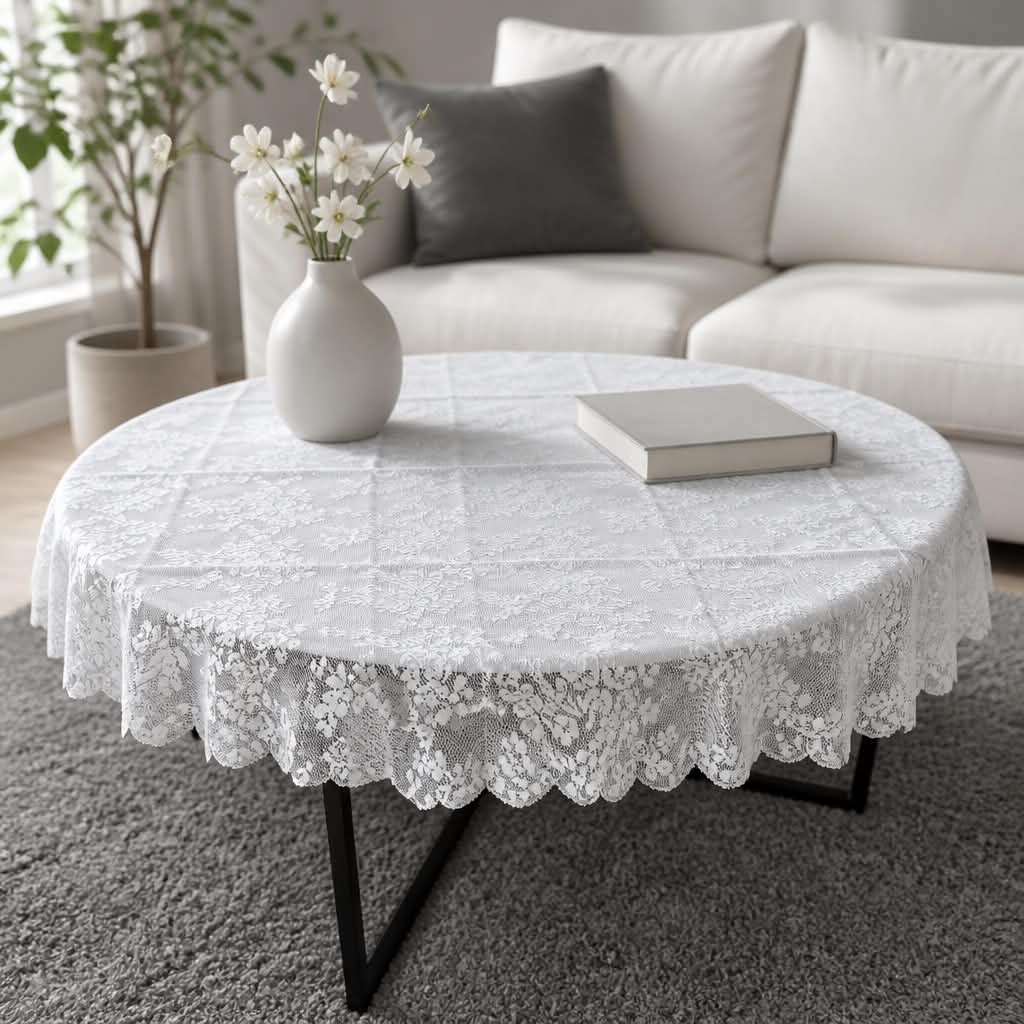 Rund blondetæppe i polyester, 80 cm, med elegant blondekant til dekoration og borddækning.