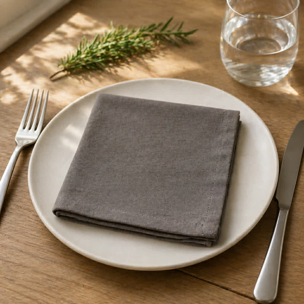 Sandfarvet stofserviet 40x40 cm af 100% bomuld fra Servietringen, økologisk og med Øko-Tex certificering, foldet på bordet.