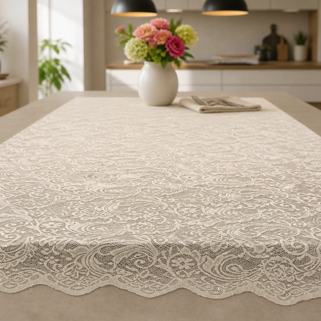 Hvid blondedug med blomster og perlekant 100x150 cm – elegant top dug til bryllup og fest