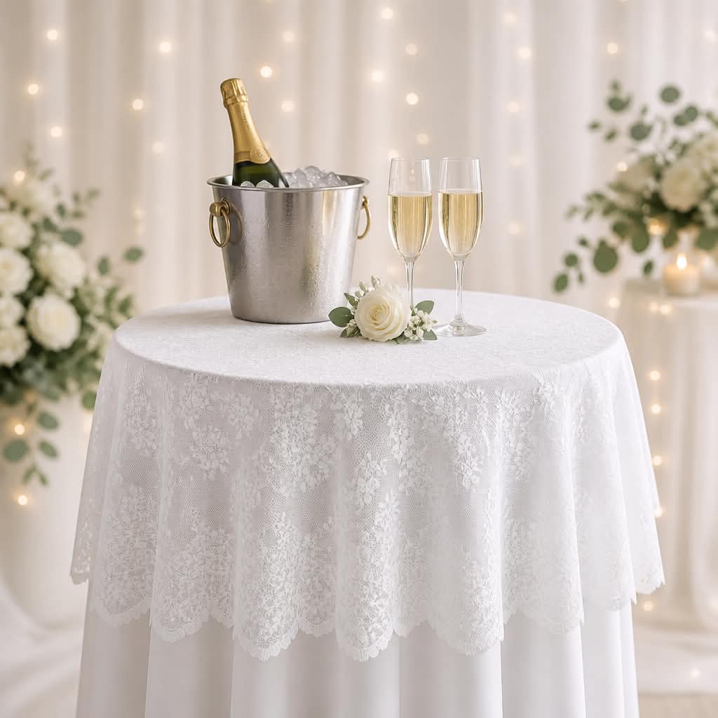 Blondet dug i polyester, 80 cm, rund dekorativ dug med elegant blondekant, fra Servietringen.