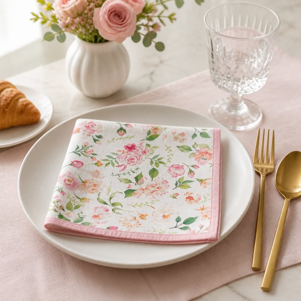 Lyserød stofserviet med roseprint, 40x40 cm, fra Servietringen, ideel til borddækning med blomsterdesign