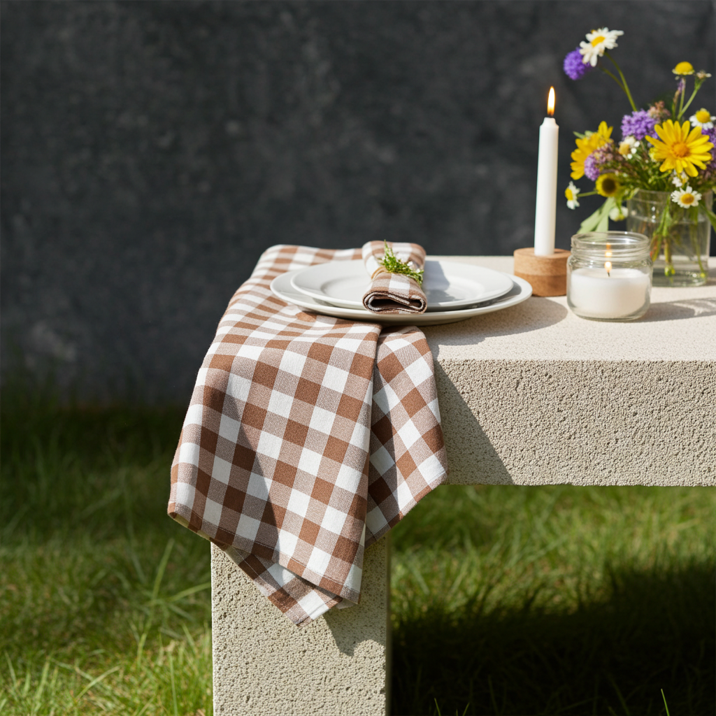 Brun og hvid ternet stofserviet - Servietringen