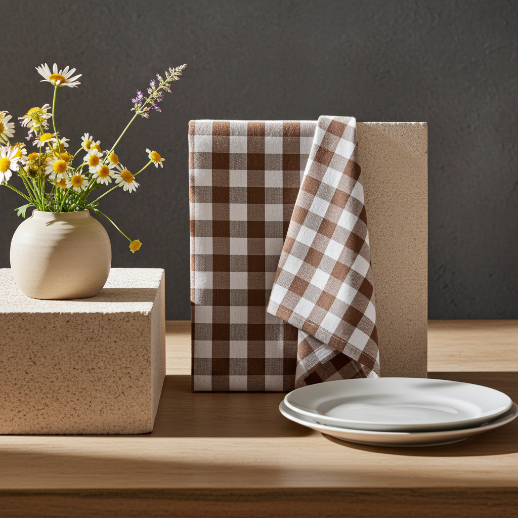 Brun og hvid ternet stofserviet - Servietringen