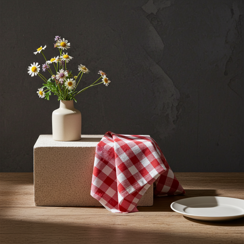 Rød og hvid ternet stofserviet - Servietringen