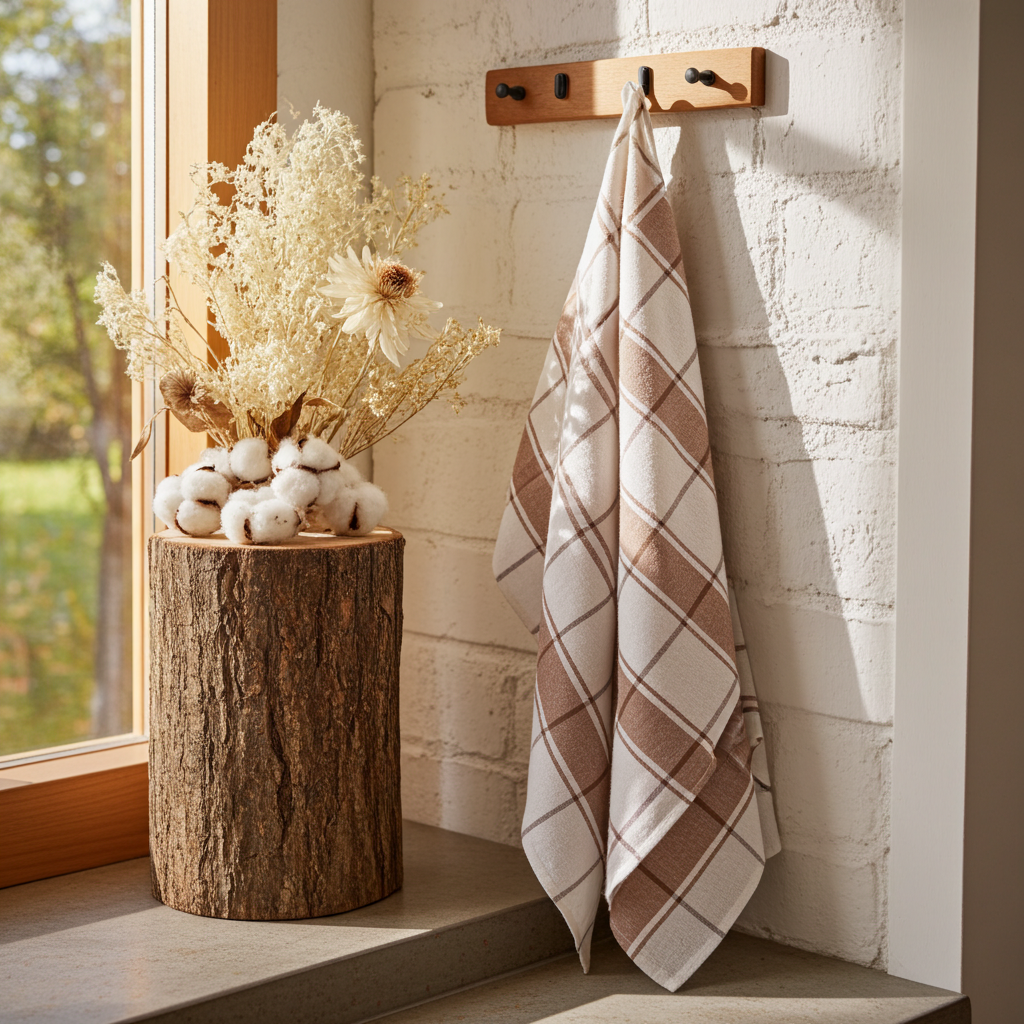 Cotton dish towel with leaf fall pattern, 70x50 cm, from Servietringen, showing the detailed leaf print on soft white fabric.